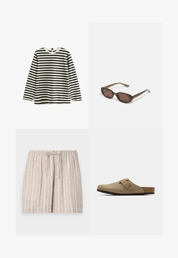 Tricou din bumbac cu mânecă lungă, cu dungi orizontale alb-negru, guler rotund și textură moale. Fără hardware sau accente vizibile.; Shorts din in bej cu dungi verticale albe, talie elastică și șnur. Design casual cu tivuri cusute și buzunare laterale.; Saboți bej cu vârf rotund, accent cu cataramă ajustabilă și talpă din plută. Suprafață texturată cu o talpă din cauciuc negru pentru aderență.; Ochelari de soare ovali maro, cu lentile închise la culoare. Ramele sunt dintr-un material translucid maro și prezintă un logo imprimat pe tempere.