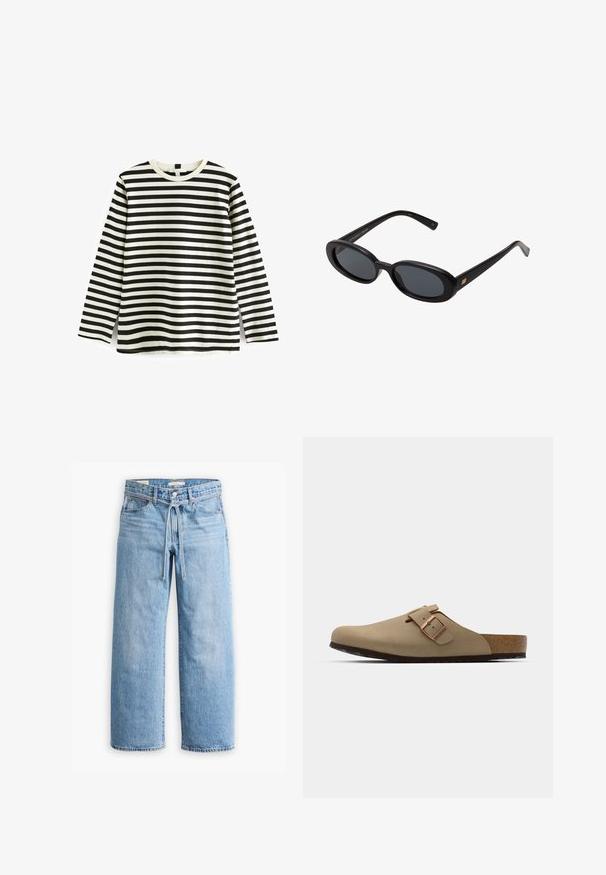 Ilga rankovė medvilninė marškinėliai su juodai baltais horizontaliais dryžiais, apvaliu kaklu ir minkšta tekstūra. Nėra matomų detalių ar akcentų.; Šviesiai mėlyni džinsai su plačiomis kojomis, aukštu juosmeniu, sagomis ir užtrauktuku, taip pat su raišteliu juosmens srityje. Neapdorotas apdailos kraštas.; Bežinės klumpės su apvaliu pirštu, reguliuojamu sagties akcentu ir kamštiniu padu. Tekstūruotas paviršius su juodu guminio pado sluoksniu, užtikrinančiu sukibimą.; Juodos didelės saulės akinių su ovaliais objektyvais, lygia plastiko rėmeliu ir aukso akcentais ant šventyklos. Tamsūs objektyvai suteikia apsaugą nuo saulės.