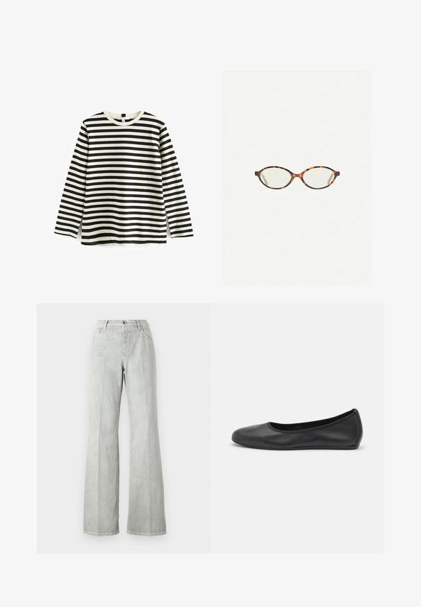 Long-sleeve cotton t-shirt with black and white horizontal stripes, round neck, and soft texture. No visible hardware or accents.; Light gray flared jeans, made from denim, featuring a high waist, five-pocket design, and a clean finish with minimal stitching details.; Black leather ballet flat with a rounded toe, smooth texture, minimal stitching detail, and a flexible sole design.; Tortoiseshell eyeglasses with oval lenses and a sleek, smooth finish. Features thin sides with a subtle curve at the temples. Clear lenses.; Black leather shoulder bag with a smooth texture, a curved top, and a single strap. Features a zipper closure and minimalist design.
