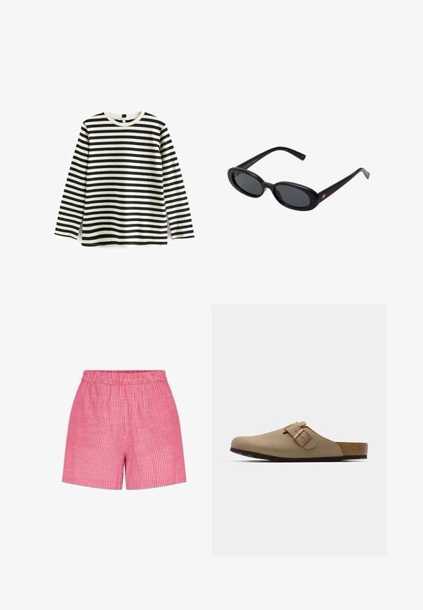 Ilga rankovė medvilninė marškinėliai su juodai baltais horizontaliais dryžiais, apvaliu kaklu ir minkšta tekstūra. Nėra matomų detalių ar akcentų.; Raudonos ir baltos juostelės šortai, pagaminti iš lengvos medžiagos, su elastine juosmeniu ir laisvu, tiesiu kirpimu.; Bežinės klumpės su apvaliu pirštu, reguliuojamu sagties akcentu ir kamštiniu padu. Tekstūruotas paviršius su juodu guminio pado sluoksniu, užtikrinančiu sukibimą.; Juodos didelės saulės akinių su ovaliais objektyvais, lygia plastiko rėmeliu ir aukso akcentais ant šventyklos. Tamsūs objektyvai suteikia apsaugą nuo saulės.