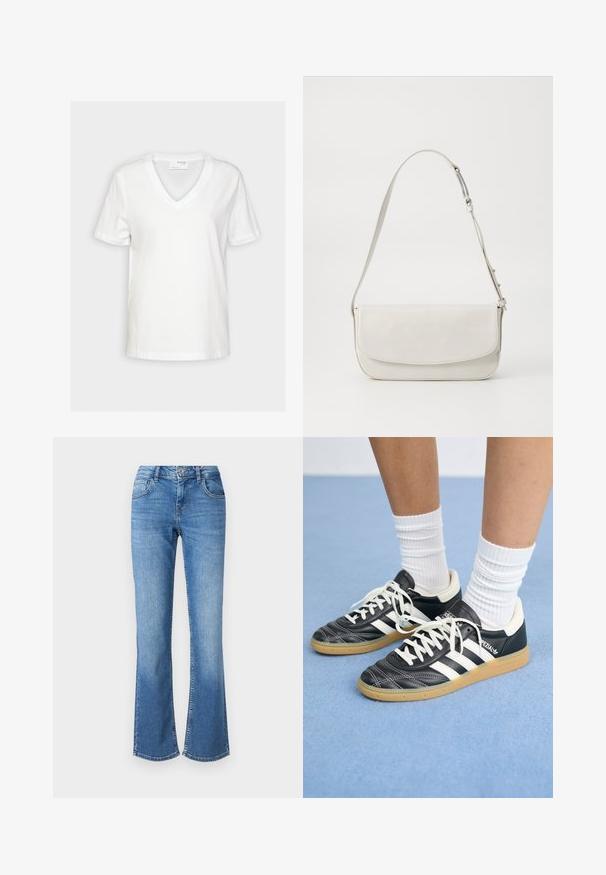 Biela bavlnená tričko s výstrihom do V, krátkymi rukávmi a rovnými okrajmi. Tkanina vyzerá hladko a ľahko.; Svetlomodré zvonové džínsy s vysokým pásom, piatimi vreckami a jemným vyblednutím. Vyrobené z denimu s odhaleným šitím a gombíkovým zapínaním.; Čierne kožené tenisky s bielymi pruhmi, okrúhlou špičkou, bielymi šnúrkami a gumovou podrážkou. Vyzdvihujú ich vypchávkovaný golier a detaily s logom.; Biela kožená kabelka cez rameno s hladkým povrchom, obdĺžnikovým tvarom, preklápacím uzáverom a nastaviteľným remienkom. Jednoduché šitie.