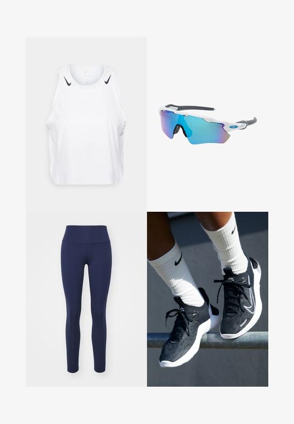 Débardeur blanc sans manches en tissu léger, avec des accents du logo Nike noir sur les épaules, un col rond et une coupe décontractée.; Leggings bleu marine en tissu extensible, avec une taille haute et un design lisse et sans coutures, sans motifs ni éléments visibles.; Chaussures de sport noires avec une tige en maille texturée, semelle intermédiaire blanche et lacets noirs. Portées avec des chaussettes blanches à côtes présentant un logo.; Lunettes de soleil avec une monture blanche, des accents gris et des verres miroitants bleus. Design sportif, forme enveloppante et plaquettes de nez réglables.