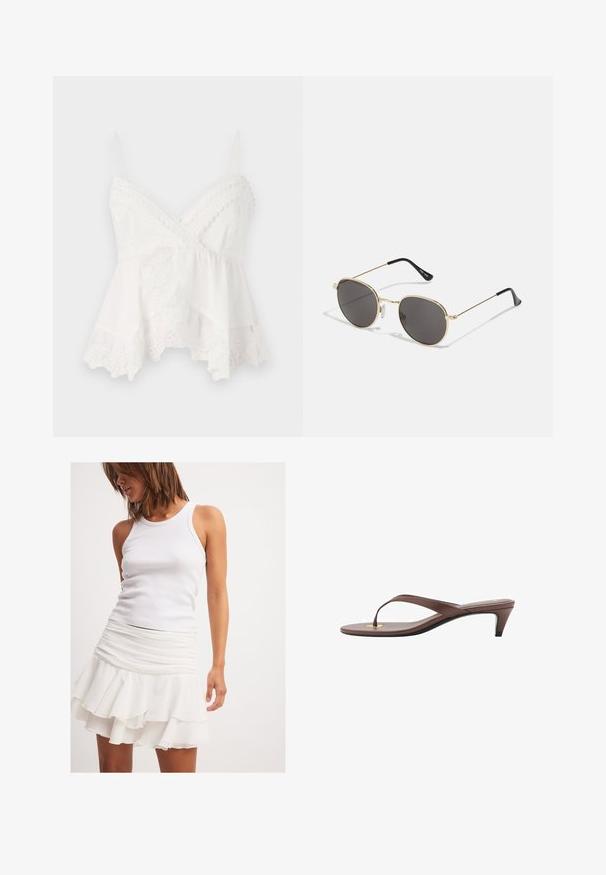 Weißes Top mit dünnen Trägern, besetzt mit Spitzenrand und floralem Stickmuster am Saum. Hergestellt aus weichem, leichtem Stoff mit geschichtetem Design.; Weißes, geripptes Tanktop, kombiniert mit einem mehrlagigen weißen Rüschensrock. Der Rock hat ein gerafftes Design am Taillenbund.; Braune, mit Absatz versehene Flip-Flop-Sandale mit einem schmalen Riemen und abgerundetem Zehensteg, der ein kleines goldfarbenes Akzent auf dem Fußbett aufweist.; Runde Sonnenbrillen mit dunklen Gläsern, dünnem goldfarbenem Metallrahmen, Kunststoff-Tempelenden und verstellbaren Nasenpads. Minimalistisches Design mit klassischem Look.; Stroh-Handtasche mit einem breiten, fächerförmigen Design, schwarzen Ledergriffen und schwarzen floralen Akzenten auf einer Seite.