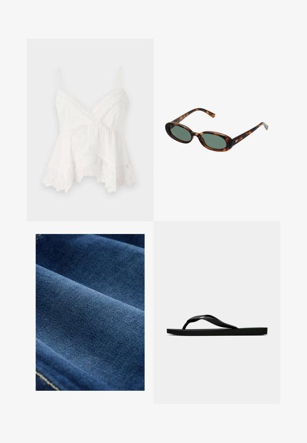 Biele tielko s tenkými ramienkami, so čipkovým lemom a kvetinovou výšivkou na spodnom okraji. Mäkka, ľahká tkanina s vrstveným dizajnom.; Tmavomodrý denin s hladkou textúrou, viditeľným tkaním a jemným elastom. Obsahuje jemné stehy pozdĺž okrajov.; Čierne gumené žabky s textúrovaným popruhom a jednoduchou plochou podrážkou, zobrazené z boku na jednofarebnom svetlom pozadí.; Slnečné okuliare v štýle korytnačiny s oválnymi rámami a zelenými sklami. Majú tenké nožičky s kovovým akcentom pri pántoch.; Hnedá kožená kabelka s monogramom, so zlatým reťazovým popruhom, so zipsovým uzáverom a plochým, obdĺžnikovým tvarom. Na prednej strane je vyrazené logo.