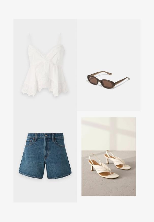 Biele tielko s tenkými ramienkami, so čipkovým lemom a kvetinovou výšivkou na spodnom okraji. Mäkka, ľahká tkanina s vrstveným dizajnom.; Džínové šortky v stredne modrom odtieni so rovnými líniami, tradičným päťpriestorovým dizajnom a kontrastným šitím pozdĺž okrajov.; Biele kožené lodičky so slingback dizajnom, s prekrúteným predným dizajnom, otvorenou špičkou a stredne vysokým blokovým opätkom. Hladká textúra a minimálne akcenty.; Hnedé oválne slnečné okuliare s tmavými sklami. Rám je vyrobený z priesvitného hnedého materiálu a na spánkoch má vytlačené logo.; Sivý pruhovaný crop top a olivovo zelená sukňa s vysokým pásom. Model drží bielu ramennú tašku s vyrezávanými detailmi. Jednoduchý dizajn, priliehavý strih.