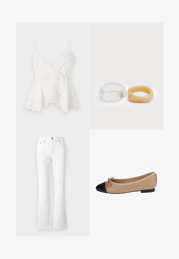 Balta topiņš ar plāniem siksniņām, kas rotāts ar mežģīņu apdari un ziedu izšuvumiem apakšmalā. Mīksts, viegls audums ar slāņotu dizainu.; Baltas denims ar izplestām kājām, kas izceļas ar augstu vidukli, pieciem kabatām un pogu aizdari. Audumam ir gluda tekstūra ar redzamām šuvēm.; Beigā ādas baleta kurpes ar melnu purngalu. Iekļauj priekšējo loku detaļu un gludu tekstūru. Zema profila dizains ar gumijas zoli.; Skaidras un dzintara sveķu gredzeni, viens gluds un caurspīdīgs, otrs ar teksturētu, dzintara apdari. Abi gredzeni izceļas ar noapaļotu, biezu dizainu.