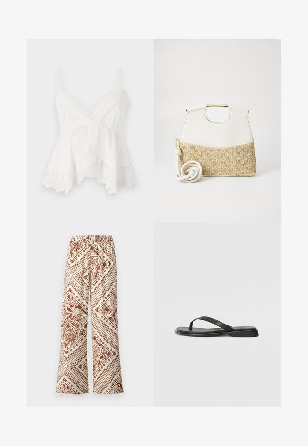 Camisola bianca con spalline sottili, caratterizzata da pizzo lungo il bordo e ricami floreali sull'orlo. Tessuto morbido e leggero con un design a strati.; Pantaloni a gamba larga in un tessuto crema caratterizzati da un motivo floreale marrone con design geometrici, vita elasticizzata e texture liscia.; Infradito neri in pelle liscia, con un design a fascia sottile e una suola piatta dal profilo minimale. Nessun motivo o accento particolare.; Borsa a tracolla bianca in pelle con fondo in tessuto intrecciato crema dalla texture. Presenta un manico dorato e una tracolla bianca avvolta per maggiore versatilità.