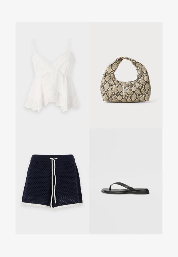 Camisola albă cu bretele subțiri, având dantelă pe margine și broderie florală pe tiv. Material moale și ușor, cu un design în straturi.; Shorts tricotati navy cu un model texturat, șnur ajustabil și o margine albă zgârcită. Material ușor și respirabil.; Sandale negre din piele netedă, cu un design cu curea subțire și o talpă plată cu un profil minimalist. Fără modele sau accente notabile.; Geantă cu imprimeu de șarpe, având un mâner curbat. Fabricată din materiale texturate, bej și maronii, cu un model distinctiv în formă de diamant.