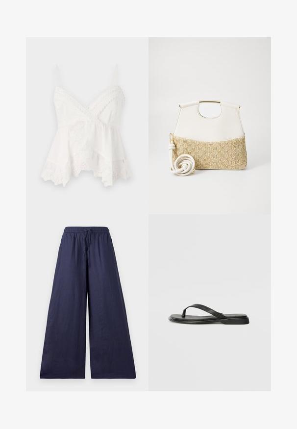White camisole with thin straps, featuring lace trim and floral embroidery on the hem. Soft, lightweight fabric with a layered design.; Navy wide-leg trousers with an elastic waistband, drawstring detail, and soft, light fabric. Simple, flowing design without embellishments.; Black flip-flop made of smooth leather, featuring a thin strap design and a flat sole with a minimal profile. No notable patterns or accents.; White leather handbag with a textured cream woven fabric bottom. Features a gold-tone handle and a coiled white strap for versatility.