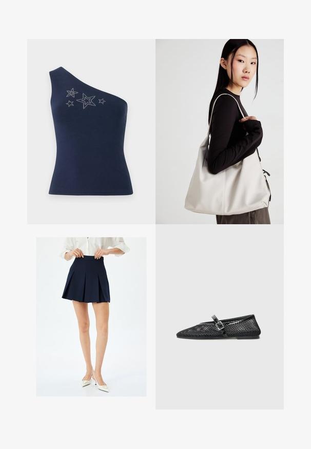 Marineblå top med én skulder lavet af glat stof, prydet med sølvstjernedesign, der er fremhævet med rhinsten på forsiden.; Mørkeblå plisseret nederdel med høj talje og glat tekstur, har skarpe knivplisseringer og minimalistisk design. Bæres med hvide hæle.; Sorte mesh ballet flats med spids tå, flad hæl og en rem med en rektangulær spænde. Tekstureret mesh-design.; Beige håndtaske lavet af blødt materiale med et slouchy design, stikninger og to skulderremme. Velegnet til daglig brug.