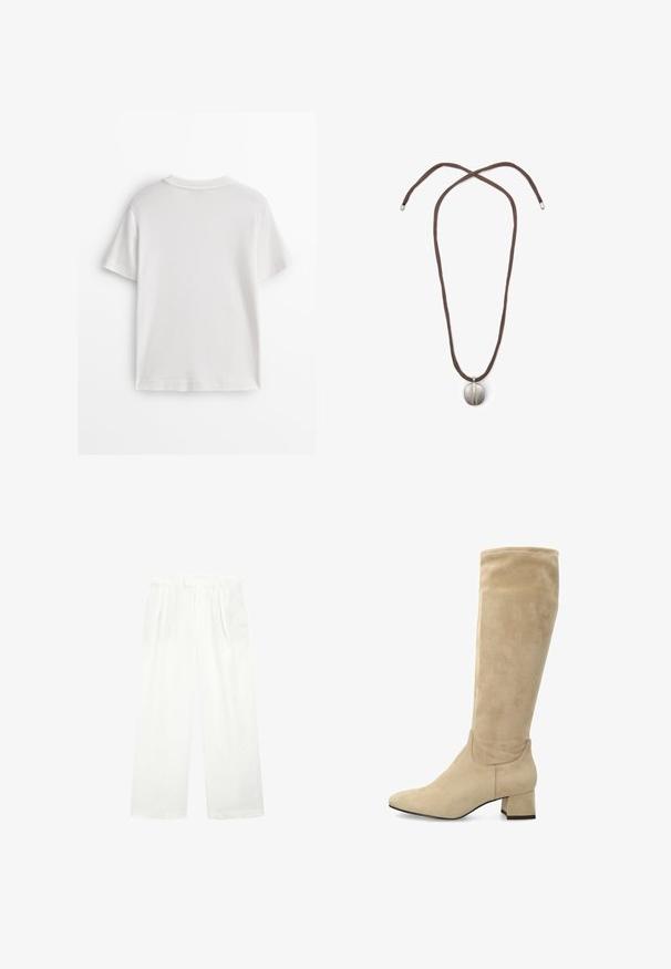 Maglietta bianca in cotone con maniche corte, collo rotondo e tessuto liscio. Il retro è semplice, senza motivi o disegni aggiuntivi.; Camicia a maniche lunghe di colore grigio chiaro e bianco, con righe verticali, colletto e polsini con bottoni. Realizzata in un tessuto leggero e textured.; Pantaloni bianchi a gamba larga realizzati in un tessuto leggero, con una parte anteriore piatta, pieghe e una cintura, che offrono una vestibilità ampia e ariosa.; Stivali beige in suede fino al ginocchio con punta a punta e tacco largo e blocco. Texture liscia con dettagli di cuciture minime.; Collana con cordino marrone e pendente ovale in argento. Il pendente ha una superficie liscia e una leggera indentazione al centro.