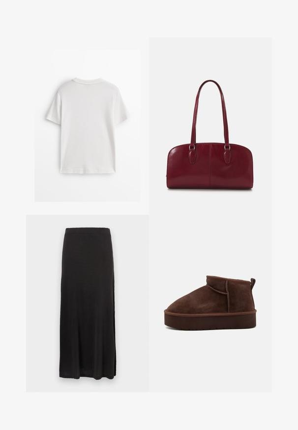 Maglietta bianca in cotone con maniche corte, collo rotondo e tessuto liscio. Il retro è semplice, senza motivi o disegni aggiuntivi.; Gonna maxi nera realizzata in tessuto morbido, con una silhouette dritta e uno spacco laterale, texture liscia e cinturino elastico.; Stivale alla caviglia in suede marrone con punta tonda, texture morbida e suola piatta spessa. Presenta un discreto dettaglio di cucitura e un gancio sul retro.; Zign LEATHER - Borsa a mano - dark red