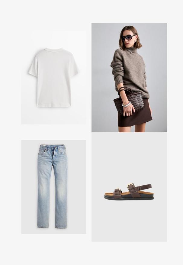 Hvid bomuld t-shirt med korte ærmer, rund hals og en glat tekstur. Bagsiden er ensfarvet uden ekstra mønstre eller designs.; Lysblå denim jeans med lige ben, fem-knap lukning og baglommer med diskret stikning.; Brune lædersandaler med to justerbare stropper med metalliske spænder, en polstret sål og en fleksibel sort gummisål.; DRAGON DIFFUSION MINI FLAT GORA - Håndtasker - dark brown