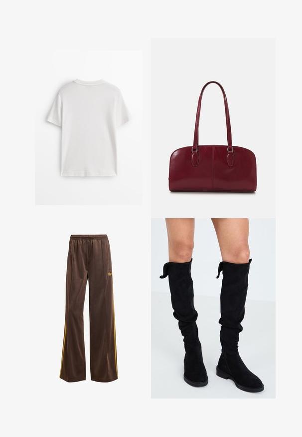 Biała bawełniana koszulka z krótkim rękawem, okrągłym dekoltem i gładką fakturą. Tył jest gładki, bez dodatkowych wzorów czy zdobień.; Brązowe spodnie sportowe o luźnym kroju, z żółtymi paskami po bokach i elastycznym paskiem w talii. Wykonane z gładkiego, lekkiego materiału.; Czarne zamszowe kozaki za kolano z miękkiego materiału, luźny fason, okrągły nos, płaska podeszwa i zamek błyskawiczny z boku dla łatwego zakładania.; Zign MURREN ciemnoczerwony
