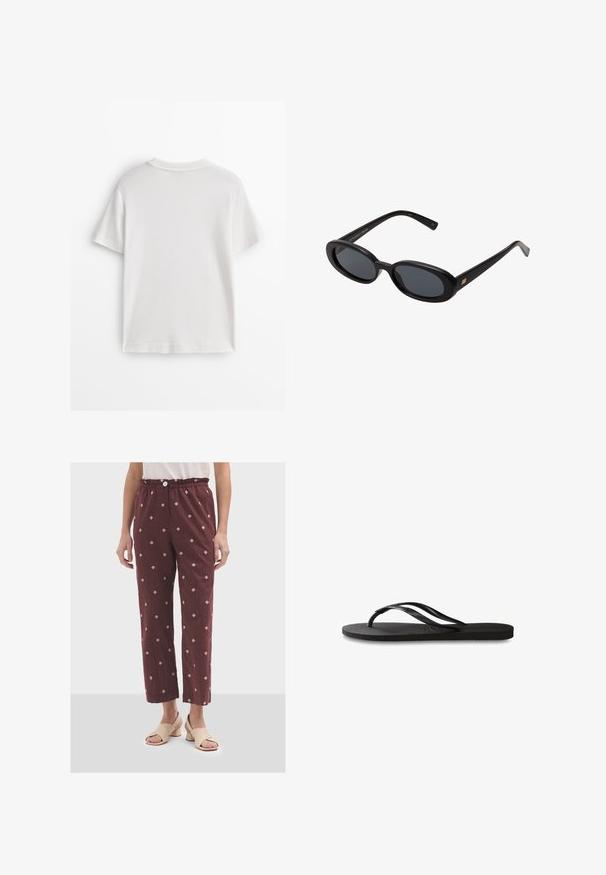 Hvid bomuld t-shirt med korte ærmer, rund hals og en glat tekstur. Bagsiden er ensfarvet uden ekstra mønstre eller designs.; bordeaux kordfløjsbukser med diamantmønster, elastisk talje, og lige ben, med en frontknap og lommer.; Sorte flip-flop med en tekstureret gummisål, to slanke stropper og et subtilt, præget logodetalje på stroppen.; Store store