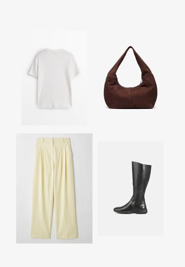White cotton t-shirt with short sleeves, a round neck, and a smooth texture. The back is plain with no additional patterns or designs.; Light yellow pleated trousers with a straight-leg design, made from soft fabric, featuring a waistband and no visible fastenings.; Black leather knee-high boot with a smooth finish, rounded toe, and soft sole. Features a modern silhouette and minimal stitching accents.; Brown suede hobo bag with a curved, wide handle and a large opening. Soft texture with visible stitching detailing along the edges.