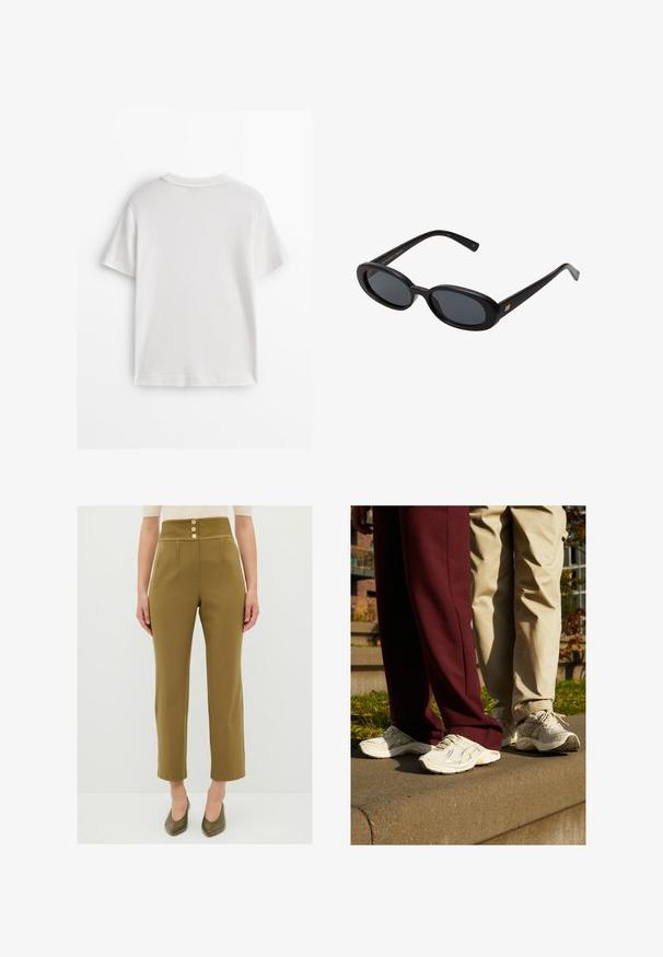 Wit katoenen T-shirt met korte mouwen, een ronde hals en een gladde textuur. De achterkant is effen zonder extra patronen of ontwerpen.; Khaki hoge taille broek met een smock tailleband, drie decoratieve gouden knopen en twee zijzakken, getailleerde pasvorm en cropped lengte.; ASICS SportStyle GT-2160 UNISEX - Sneakers laag - oatmeal/simply taupe; Zwarte oversized zonnebril met ovale lenzen, een glad plastic montuur en gouden accenten op de pootjes. Donkere lenzen bieden bescherming tegen de zon.; Rode leren hobo tas met een brede, slungelige vorm en een grote opening, met een subtiele textuur en een op de voorkant geperst logo.