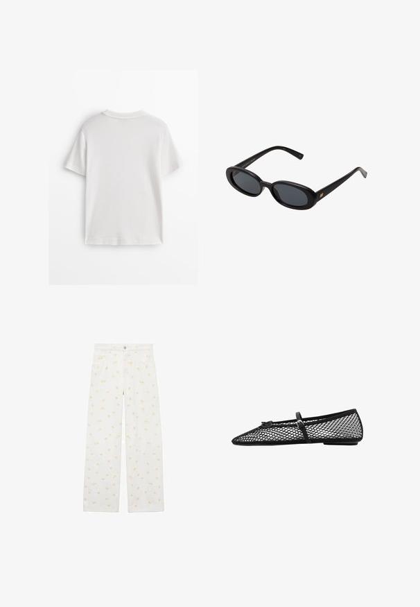 Vit bomulls-T-shirt med korta ärmar, rund halsringning och slät textur. Baksidan är enfärgad utan några extra mönster eller design.; Vita vida byxor i denim, med ett lätt orange blommönster över hela, och framfickor. Knappar i midjan för stängning.; Svart nätballerina med spetsig tå, dekorativ rem och subtil accent. Har en öppen nätdesign och platt sula.; Svarta överdimensionerade solglasögon med ovala linser, slät plastbåge och guldaccent på bågarna. Mörka linser ger solskydd.