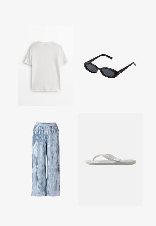 Biała bawełniana koszulka z krótkim rękawem, okrągłym dekoltem i gładką fakturą. Tył jest gładki, bez dodatkowych wzorów czy zdobień.; Jasnoniebieskie spodnie z szerokimi nogawkami o fakturowanym, plisowanym wzorze z różnymi odcieniami niebieskiego oraz elastycznym paskiem w talii, zapewniającym komfort noszenia.; Białe klapki z teksturowaną podeszwą i dwoma cienkimi paskami. Paski są gładkie z subtelnym logowaniem. Brak wzorów lub dodatkowych akcentów.; Czarne, oversize okulary przeciwsłoneczne z owalnymi soczewkami, gładkim plastikowym mostkiem i złotymi akcentami na zausznikach. Ciemne soczewki zapewniają ochronę przed słońcem.