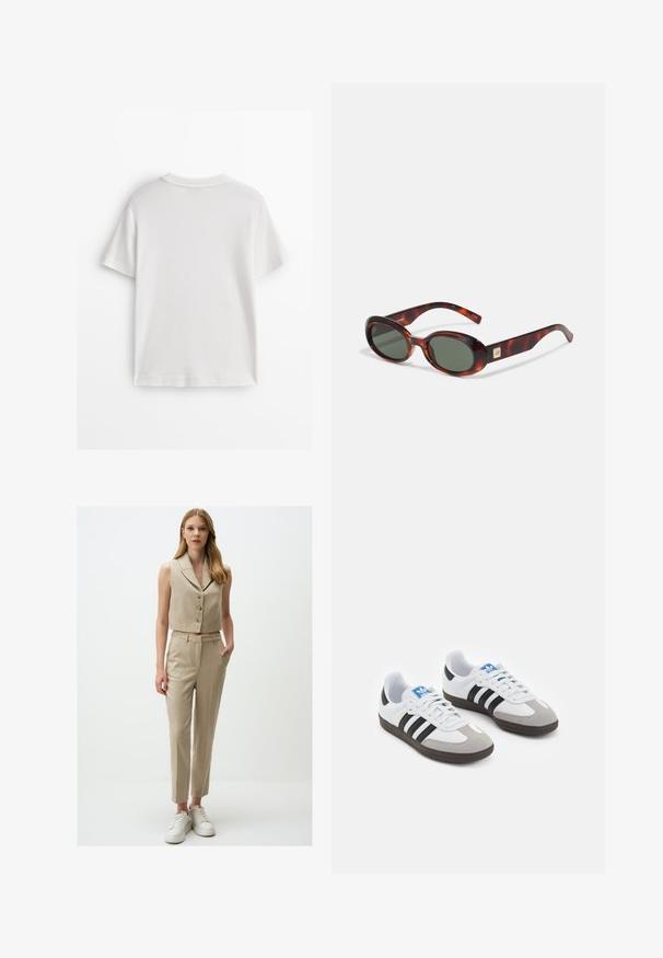 Wit katoenen T-shirt met korte mouwen, een ronde hals en een gladde textuur. De achterkant is effen zonder extra patronen of ontwerpen.; Beige mouwloze cropped blazer met vier knopen, gecombineerd met bijpassende geklede broek. Schoenen zijn witte sneakers. Glad stof textuur.; Sportschoenen met een witte leren bovenkant, grijze suède neus en drie zwarte strepen. Bevat een blauw logo op de tong en een gestructureerde rubberen zool.; Schildpadbril met donkere lenzen, ovale vorm en brede armen. Voorzien van een kleine gouden accent aan de zijkant. Glad plastic materiaal.; Witte handtas met een gebogen silhouet, textuurleer, gouden hardware en een afneembare schouderriem met een logo en gespdetail.
