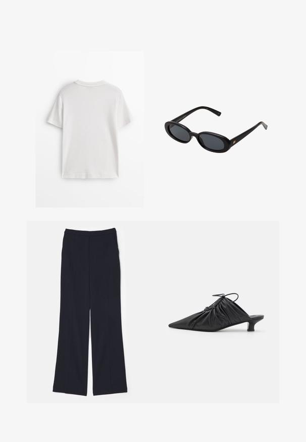 White cotton t-shirt with short sleeves, a round neck, and a smooth texture. The back is plain with no additional patterns or designs.; Navy wide-leg trousers made of a smooth fabric, featuring a high waistband and two front pleats extending down the legs.; Black leather slip-on mules with a pointed toe, gathered texture, and a small kitten heel. Features a drawstring detail at the opening.; Black oversized sunglasses with oval lenses, smooth plastic frame, and gold accents on temple. Dark lenses provide sun protection.; Black tote bag made of textured material, featuring two long handles and a simple, minimalistic design with no visible hardware.