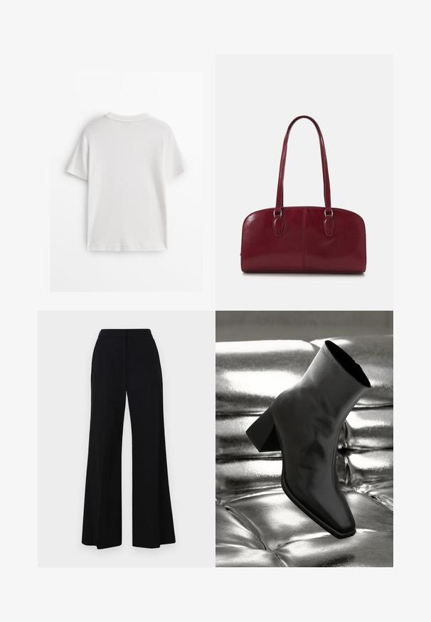 White cotton t-shirt with short sleeves, a round neck, and a smooth texture. The back is plain with no additional patterns or designs.; Black wide-leg trousers featuring a high waistband, smooth fabric, and clean lines. No visible hardware or patterns.; Black ankle boot made of glossy material with a square toe and tapered heel, set against a shiny silver tufted background.; Zign LEATHER - Handbag - dark red