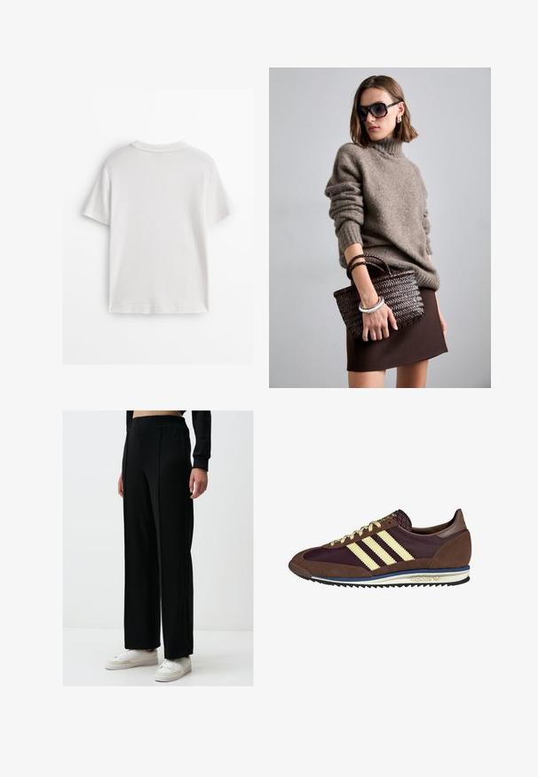 Wit katoenen T-shirt met korte mouwen, een ronde hals en een gladde textuur. De achterkant is effen zonder extra patronen of ontwerpen.; Zwarte wijde broek met een elastische tailleband, gemaakt van een gladde stof; gecombineerd met witte sneakers met subtiele accenten.; Bruine en bordeauxkleurige sneaker van suede en mesh materiaal, met drie crèmekleurige strepen, een gemêleerd stof op de tong en een rubberen zool.; DRAGON DIFFUSION MINI FLAT GORA - Handtas - dark brown