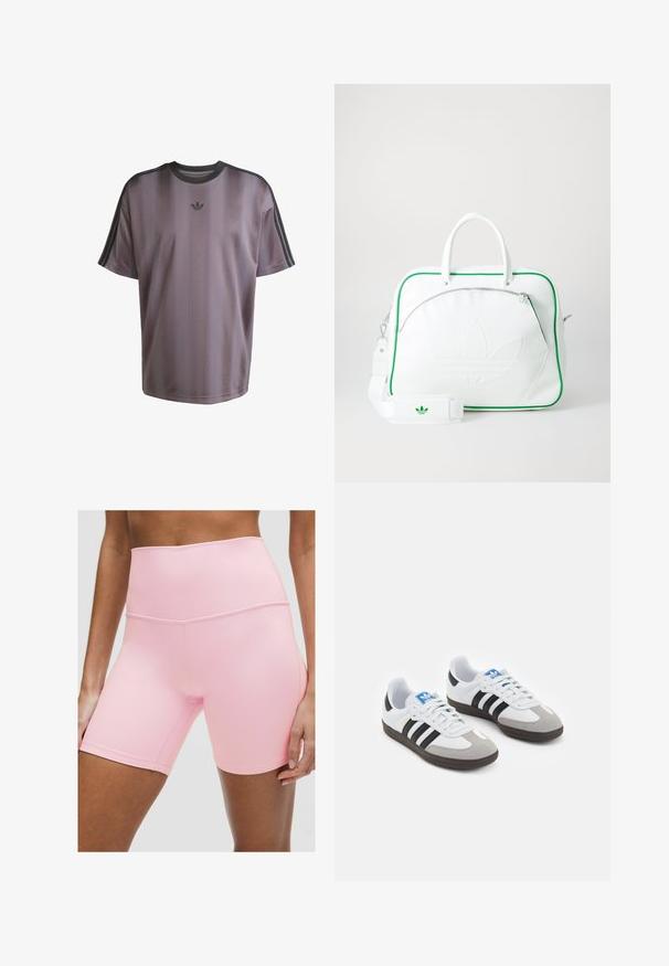 Fialové sportovní tričko s horizontálními pruhy, krátkými rukávy, kulatým výstřihem a černým logem Adidas na hrudi. Hladká, lehká tkanina.; Růžové sportovní kraťasy s vysokým pasem vyrobené z elastického materiálu. Mají hladký povrch a zpevněné švy, navrženy pro pohodlí a pohyblivost.; Sportovní boty s bílým koženým svrškem, šedou semišovou špičkou a třemi černými pruhy. Obsahují modré logo na jazyku a texturovanou gumovou podrážku.; Bílá kožená taška se zeleným lemováním, s výrazným embosovaným logem, dvojitými uchy, odnímatelným popruhem a kapsou na zip na přední straně.