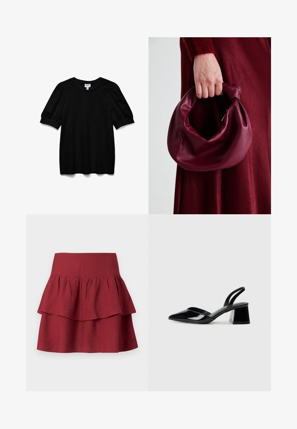 Top scurt negru cu mânecă scurtă și decolteu rotund, confecționat dintr-un material neted. Prezintă mâneci bufante și o croială lejeră. Design simplu, fără ornamente.; Fustă în straturi de un burgund profund, cu un talie lată, volane structurate pe straturi și un material moale, texturat.; Pantofi cu toc slingback din piele lacuită neagră, cu vârf ascuțit și toc geometric. Prezintă un design elegant, minimalist și o textură netedă.; Geantă de mână din piele burgundă, cu un design moale și pliat și o formă rotundă. Mânerele sunt securizate, evidențiind o textură netedă.