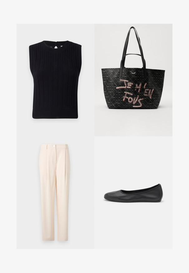 Schwarzes ärmelloses Strickoberteil mit gerippter Textur, rundem Ausschnitt und kleinem Schlüssellochverschluss im Rücken.; Helle beigefarbene Hose mit tailliertem Design, ausgestattet mit einem vorderen Verschluss, glattem Stoff, geradem Bein und ohne sichtbare Muster oder Akzente.; Schwarze Leder-Ballettschuhe mit abgerundeter Spitze, glatter Textur, minimalen Nähdetails und einem flexiblen Sohlen-Design.; Schwarze Tote-Bag aus strukturiertem Material mit Rautenmuster, Schulterriemen und auffälligem roten und weißen Text "JE M'EN FOUS."