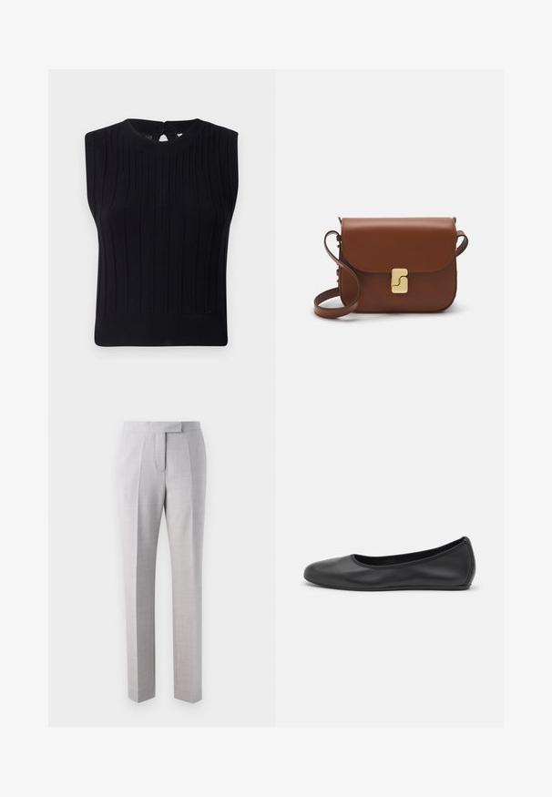 Melna bezpiedurkņu adīta blūze ar ribotu tekstūru, noapaļotu kakla izgriezumu un mazu atslēgas caurumu aizmugurē.; Gai pelēki piegriezti bikses, kas izgatavotas no smalkas struktūras auduma, ar plakanu priekšu, krokām un taisnu kāju dizainu. Sēž pie jostas.; Melna ādas baleta kurpe ar noapaļotu purngalu, gludu tekstūru, minimālu šuvju detalizāciju un elastīgu zoles dizainu.; Bordo ādas rokas soma ar atloku, zeltītām detaļām, plecu siksnu un gludu virsmu. Kompakta, taisnstūrveida forma.