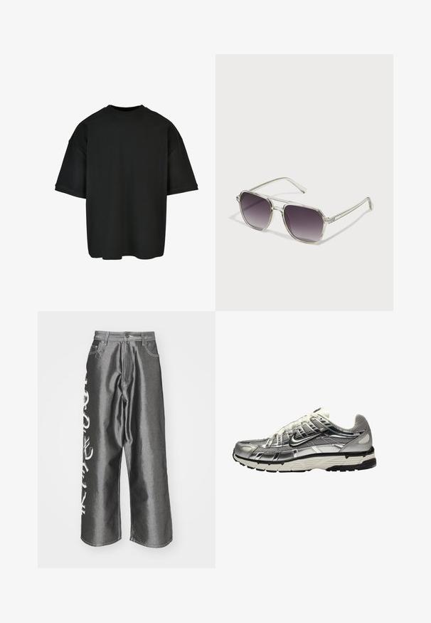 Fekete, túlméretezett póló bordázott anyagból. Kerek nyakkivágás, rövid ujjú, laza szabású, egyenes alsó résszel. Egyszerű és sokoldalú dizájn.; Jaded London CURRENCY SHINY COLOSSUS - Bő szabású farmernadrág - silver; Ezüst és fekete sportcipő, hálós és szintetikus felsőrésszel, voluminózus dizájnnal és texturált felülettel. Párnázott bokarésszel és gumitalppal rendelkezik.; Átlátszó keretes, négyzet alakú napszemüveg, fokozatos szürke lencsékkel. A vékony ezüst díszítések a halántékon részletgazdag megjelenést kölcsönöznek.