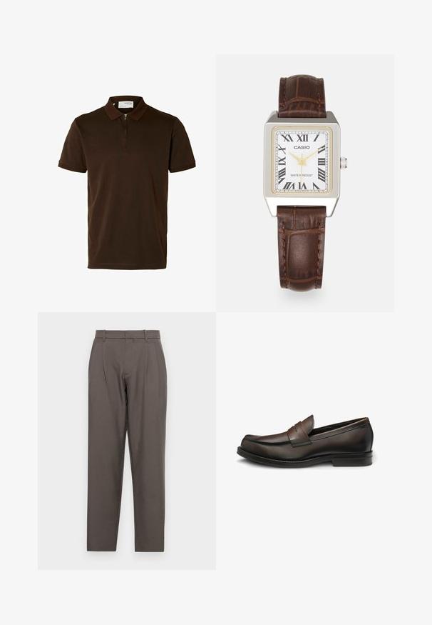 Bruine polo shirt van gladde stof, met een ritskraag, korte mouwen en een getailleerde pasvorm. Geen patronen of accenten zichtbaar.; Jack & Jones JPSTBILL JJDAYTONA WIDE - Broek - pavement; Bruine leren instapschoen met een ronde neus, gestikte details en een decoratieve band over de wreef. Platte rubberen zool.; Casio rechthoekige horloge met een witte wijzerplaat, gouden accenten, Romeinse cijfers en een bruine lederen band met krokodillenpatroon. Waterbestendig ontwerp.; Zilveren hoopoorbellen met grote, ronde, witte parels. Het ontwerp heeft een gladde textuur en een veilige sluiting voor bevestiging.