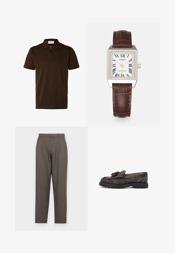 Polo shirt marron en tissu lisse, doté d'un col zippé, de manches courtes et d'une coupe ajustée. Aucun motif ni accent visible.; Jack & Jones JPSTBILL JJDAYTONA WIDE - Pantalon classique - pavement; Loafers en daim gris foncé avec un accent de gland à l'avant, semelle plate en caoutchouc et détails de couture contrastants le long du bord.; Montre rectangulaire Casio avec un cadran blanc, des accents dorés, des chiffres romains et un bracelet en cuir avec motif crocodile marron. Design résistant à l'eau.; Boucles d'oreilles en argent en forme de créole avec de grandes perles blanches rondes. Le design présente une texture lisse et un fermoir sécurisé pour le maintien.