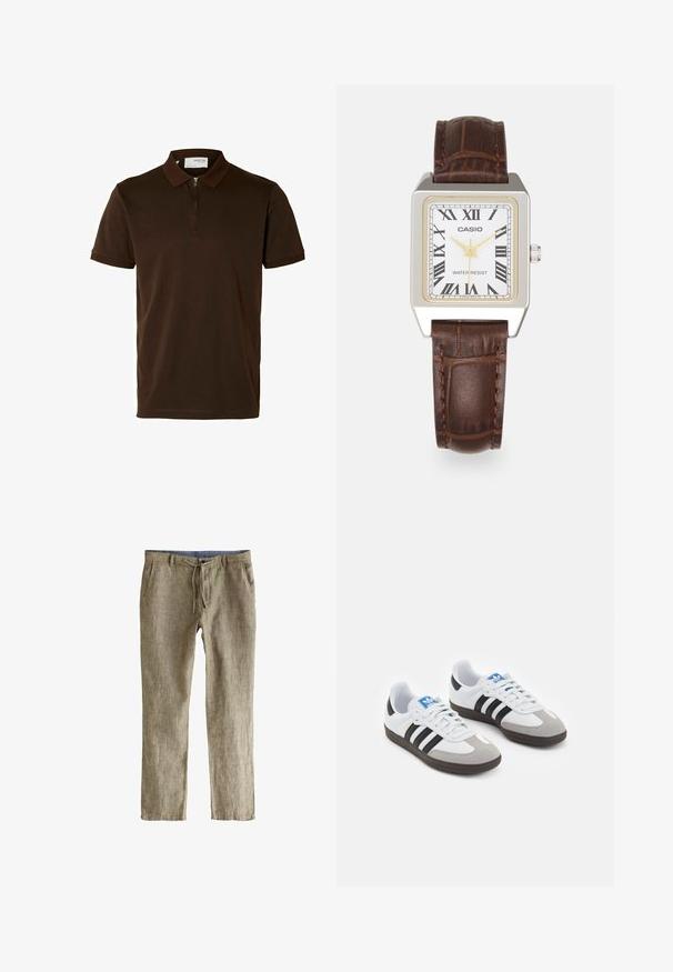 Polo shirt marron en tissu lisse, doté d'un col zippé, de manches courtes et d'une coupe ajustée. Aucun motif ni accent visible.; Pantalons en mélange de lin, marron clair avec une finition texturée, dotés d'une taille à cordon de serrage et de poches latérales. Design léger et coupe droite.; Baskets avec une tige en cuir blanc, un bout en daim gris et trois bandes noires. Présente un logo bleu sur la languette et une semelle en caoutchouc texturée.; Montre rectangulaire Casio avec un cadran blanc, des accents dorés, des chiffres romains et un bracelet en cuir avec motif crocodile marron. Design résistant à l'eau.; Boucle d'oreille en argent avec un design arrondi, finition poli et une petite charnière ronde pour la fermeture. Mesure environ 2,5 cm de diamètre.