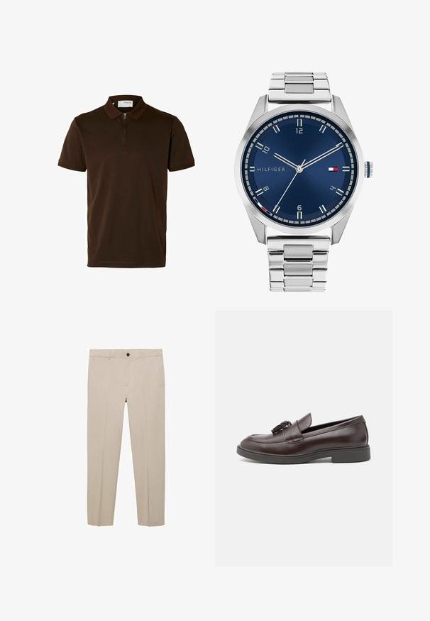 Bruine polo shirt van gladde stof, met een ritskraag, korte mouwen en een getailleerde pasvorm. Geen patronen of accenten zichtbaar.; Mango Chino - beige; Bruine leren loafers met een ronde neus, een decoratieve kwast, gestikte details en een lage rubberen hak voor extra comfort.; Zilveren metalen horloge met een geborstelde blauwe wijzerplaat, witte uurmarkeringen en een datumweergave. Voorzien van een geschakelde metalen band en het logo van het merk.; Zilveren oorringen met een hangend kruis pendant. Het kruis is strak en glanzend afgewerkt, met een minimalistisch ontwerp en schone lijnen.