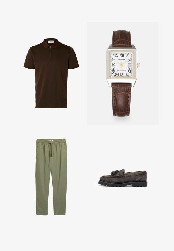 Brown polo shirt made of smooth fabric, featuring a zippered collar, short sleeves, and a tailored fit. No patterns or accents visible.; Olive green, lightweight, tapered trousers with an elastic waistband and drawstring. Features side pockets and a smooth texture.; Dark gray suede loafers with a front tassel accent, flat rubber sole, and contrasting stitching details along the edge.; Casio rectangular watch with a white face, gold accents, Roman numerals, and a brown crocodile-pattern leather strap. Water-resistant design.; Silver hoop earrings with large, round, white pearls. The design features a smooth texture and a secure clasp for attachment.
