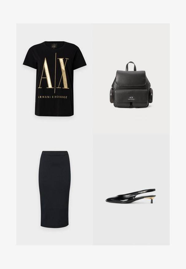 Melna kokvilnas T-krekls ar izteiksmīgu zeltainu "A/X" logotipu un "ARMANI EXCHANGE" tekstu, īsām piedurknēm, apaļu apkakli, gludu tekstūru.; Armani Exchange GONNA - Zīmuļsvārki - black; Melnas slingback pump kurpes ar smailu purngalu, spīdīgu ādas apdari un mazu papēdi ar zelta akcentu. Elegants dizains ar atvērtu aizmuguri.; Melna ādas mugursoma ar atloku aizdari, priekšējo kabatu, sānu rāvējslēdzēju nodalījumus un augšējo rokturi. Iezīmēta ar logo detaļām priekšpusē.
