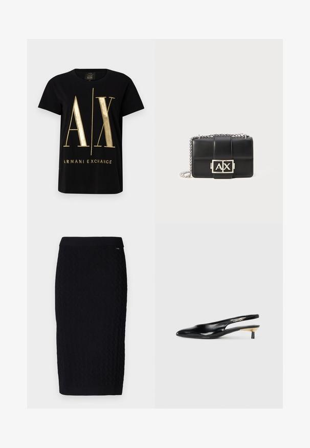 Tricou din bumbac negru cu logo-ul îndrăzneț „A/X” și textul „ARMANI EXCHANGE”, cu mâneci scurte, decolteu rotund, textură netedă.; Armani Exchange GONNA - Fustă tip creion - black; Pantof cu toc slingback negru, cu vârful ascuțit, finisaj din piele lucioasă și un toc mic cu un accent auriu. Design elegant cu spatele deschis.; Geantă de umăr din piele neagră, cu un design matlasat, curea din lanț argintie și un logo argintiu "AX" proeminent pe față. Formă compactă, rectangulară.