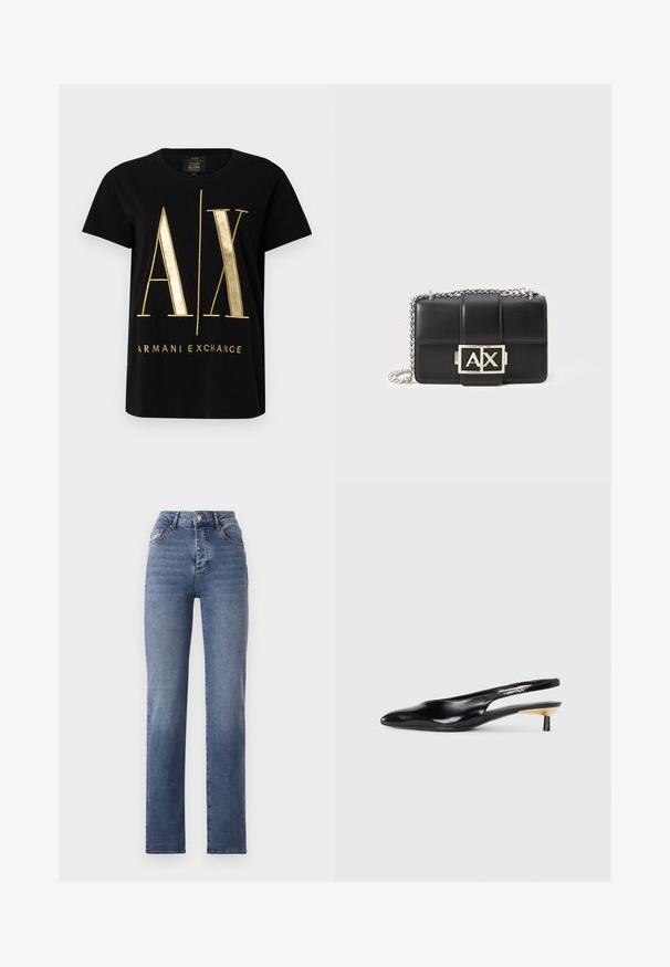 Juodas medvilnės marškinėliai su ryškiu auksiniu "A/X" logotipu ir "ARMANI EXCHANGE" užrašu, trumpomis rankovėmis, apvalia iškirpte, lygiu paviršiumi.; Aukštos juosmens mėlyni džinsai su tiesiomis kojomis, pagaminti iš džinsinio audinio. Savybės – subtilūs plaukai ir klasikinis penkių kišenių stilius.; Juodos slingback aukštakulniai su pailgu pirštu, blizgi odinė apdaila ir mažas kulnas su auksiniu akcentu. Išmanus dizainas su atviru nugara.; Juodas odinis rankinukas su siuvinėtu raštu, sidabriniu grandinės dirželiu ir ryškiu sidabriniu "AX" logotipu priekyje. Kompaktiška stačiakampio formos.