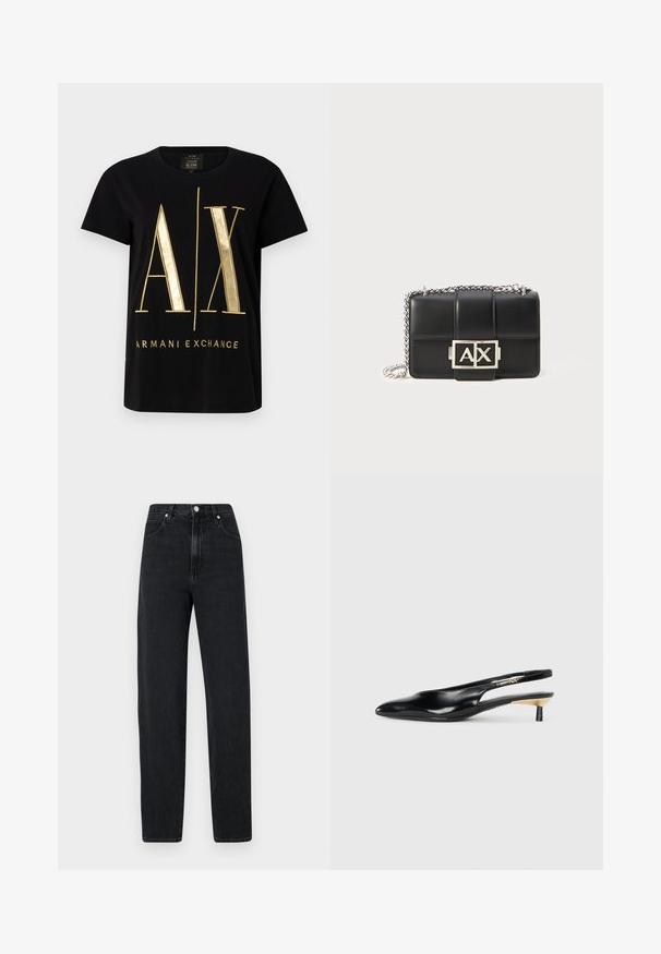 Schwarzes Baumwoll-T-Shirt mit großem, goldfarbenem "A/X"-Logo und dem Text "ARMANI EXCHANGE", mit kurzen Ärmeln, rundem Ausschnitt und glatter Textur.; Schwarze Jeans mit geradem Bein aus Denim. Merkmale sind eine hohe Taille, ein metallener Knopfverschluss, fünf Taschen und subtile Nähdetails.; Schwarze Slingback-Pumps mit spitzem Zehenbereich, glänzendem Lederfinish und kleinem Absatz mit goldenen Akzenten. Elegantes Design mit offenem Rücken.; Schwarze Lederhandtasche mit gestepptem Design, silberner Kettenriemen und einem auffälligen silbernen "AX"-Logo auf der Vorderseite. Kompakte rechteckige Form.