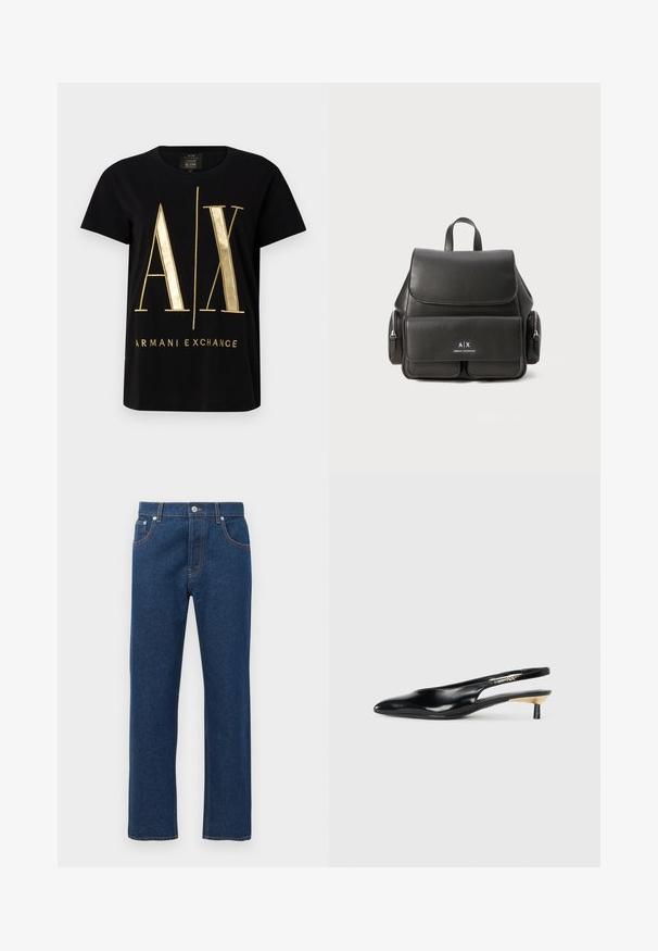 T-shirt nera in cotone con logo "A/X" in oro e testo "ARMANI EXCHANGE", maniche corte, scollatura rotonda, texture liscia.; Jeans in denim blu scuro a gamba dritta con tasche anteriori e posteriori, passanti per cintura, chiusura con bottone e cuciture arancioni in vista.; Pump slingback neri con punta affusolata, finitura in pelle lucida e tacco piccolo con accento dorato. Design elegante con schienale aperto.; Zaino in pelle nera con chiusura a pattina, tasca frontale, scomparti laterali con cerniera e manico superiore. Presenta dettagli con logo sul fronte.
