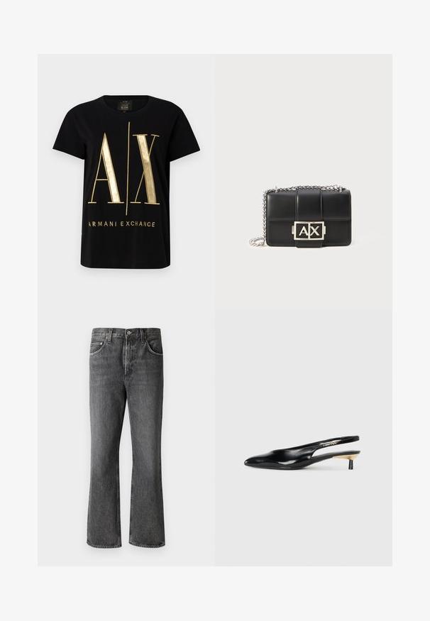 Camiseta de algodón negra con el destacado logo dorado "A/X" y el texto "ARMANI EXCHANGE", de manga corta, cuello redondo y textura suave.; Jeans de denim gris oscuro con un corte recto, diseño de cinco bolsillos y detalles de metal en la cintura y los bolsillos.; Zapato de tacón tipo slingback negro con punta afilada, acabado en cuero brillante y un pequeño tacón con un acento dorado. Diseño elegante con parte trasera abierta.; Bolso de mano de cuero negro con diseño acolchado, cadena plateada y un prominente logo "AX" en la parte frontal. Forma rectangular compacta.