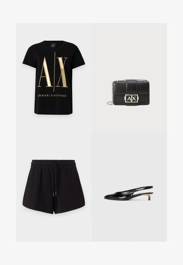 Svart bomull t-skjorte med stort gull "A/X"-logo og "ARMANI EXCHANGE"-tekst, korte ermer, rund hals, glatt tekstur.; Sorte sportshorts laget av myk tekstil. Har elastisk midjebånd med snøring, sidelommer og en avslappet passform.; Sorte slingback pumps med spiss tå, glanset skinnfinish og en liten hæl med gullakcent. Elegant design med åpen bak.; Svart lærveske med quiltet design, sølvkjedehank og et fremtredende sølv "AX"-logo foran. Kompakt rektangulær form.