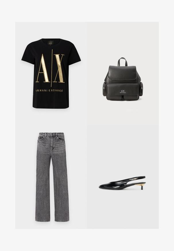 Mustaidist puuvillast T-särk, millel on julge kuldne "A/X" logo ja "ARMANI EXCHANGE" tekst, lühikesed varrukad, ümar kaelus, sile tekstuur.; Kõrge vöökoht ja laiad sääred fadeeritud mustast denimist. Omab viit taskut ja nööbiga kinnitamist. Struktureeritud kangas koos õmbluse detailidega.; Mustad seljatoega mustad kontsakingad, millel on terav nina, läikiv nahkviimistlus ja väike kand kuldse detailiga. Sujuv disain avatud seljaprofiiliga.; Must must nahk Seljakott klapi sulgemisega, esikoti, külgsete tõmblukkudega sektsioonide ja ülemise käepidemega. Esiküljel on logo detailid.