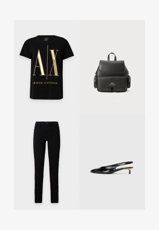Melna kokvilnas T-krekls ar izteiksmīgu zeltainu "A/X" logotipu un "ARMANI EXCHANGE" tekstu, īsām piedurknēm, apaļu apkakli, gludu tekstūru.; Melni šauri džinsi, izgatavoti no kokvilnas maisījuma auduma. Iespējas: piecas kabatas, pogu aizdare un pieguļošs dizains. Gluda tekstūra.; Melnas slingback pump kurpes ar smailu purngalu, spīdīgu ādas apdari un mazu papēdi ar zelta akcentu. Elegants dizains ar atvērtu aizmuguri.; Melna ādas mugursoma ar atloku aizdari, priekšējo kabatu, sānu rāvējslēdzēju nodalījumus un augšējo rokturi. Iezīmēta ar logo detaļām priekšpusē.