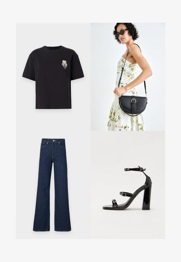 Juodas medvilnės marškinėliai su apvaliomis iškirptėmis ir trumpomis rankovėmis, puošti mažai širdies forma, dekoruota akmenukais, kairiajame krūtinės šone.; Plati šviesiai mėlynos džinsinės kelnės su aukštu liemeniu, pasižyminčios matomais siūlais ir priekiniais sagčių užsegimais.; Juoda blizgi lakuota basutė su kvadratiniu pirštu, kulkšnies dirželiais ir sidabro sagtimis. Yra tvirta blokinė kulno konstrukcija, užtikrinanti stabilumą.; Juodas odinis krepšys su išlenkta forma, nuimamu dirželiu ir auksiniais detalėmis. Krepšys turi kilpą su sagtimi.