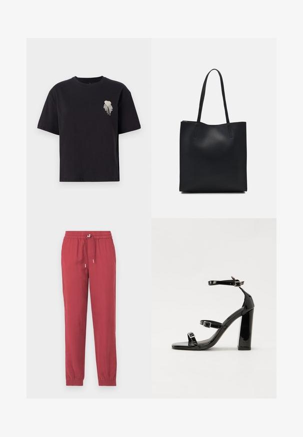 Svart bomull t-shirt med rund hals och kort ärm, med en liten hjärtformad design prydd med rhinestones på vänster bröst.; Röda, lätta, smalare byxor med elastisk midja och dragsko. Har avslut vid anklarna och en slät yta.; Svarta lackerade klacksandaler med fyrkantig tå, ankelremmar och silverfärgade spännen. Har en kraftig blockklack för stabilitet.; Svart lädertoffelväska med slät textur, rektangulär form och två långa handtag. Ingen synlig hårdvara eller dekorationer.