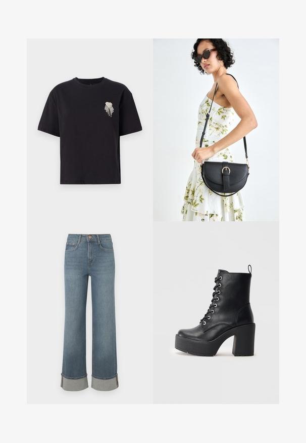 Must mustaga t-särk ümmarguse kaeluse ja lühikeste varrukatega, vasakul rinnal väike rhinestone'idega kaunistatud südamekujundus.; Laiad sinised denimpüksid, millel on kõrge vöökoht, mansetiga sääred halli aktsendiga, viie taskuga disain ja esine nupuga sulgemine.; Must mustaankelisaapad, millel on paks plokkkonts, paeltega esiosa ja tekstuurpind. Tagaküljel on lihtsaks jalga panemiseks silmus.; Mustmust mustraha kõverate joontega, eemaldatava rihmaga ja kuldsete detailidega. Kotil on klapp, millel on pandladetail.