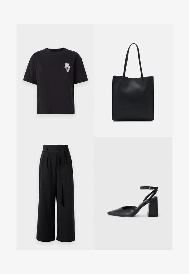 Svart bomull T-skjorte med rund hals og korte ermer, med et lite hjerte-design dekorert med rhinestones på venstre bryst.; Svart vide bukser laget av lett stoff, med en knyttet midje, folder og en cropped skjæring over ankelen.; Svart lær pumps med spiss tå, ankelrem og kraftig hæl. Flat tekstur, strømlinjeformet design og minimalisme.; Svart lær tote bag med glatt tekstur, rektangulær form og to lange håndtak. Ingen synlige deler eller dekorasjoner.